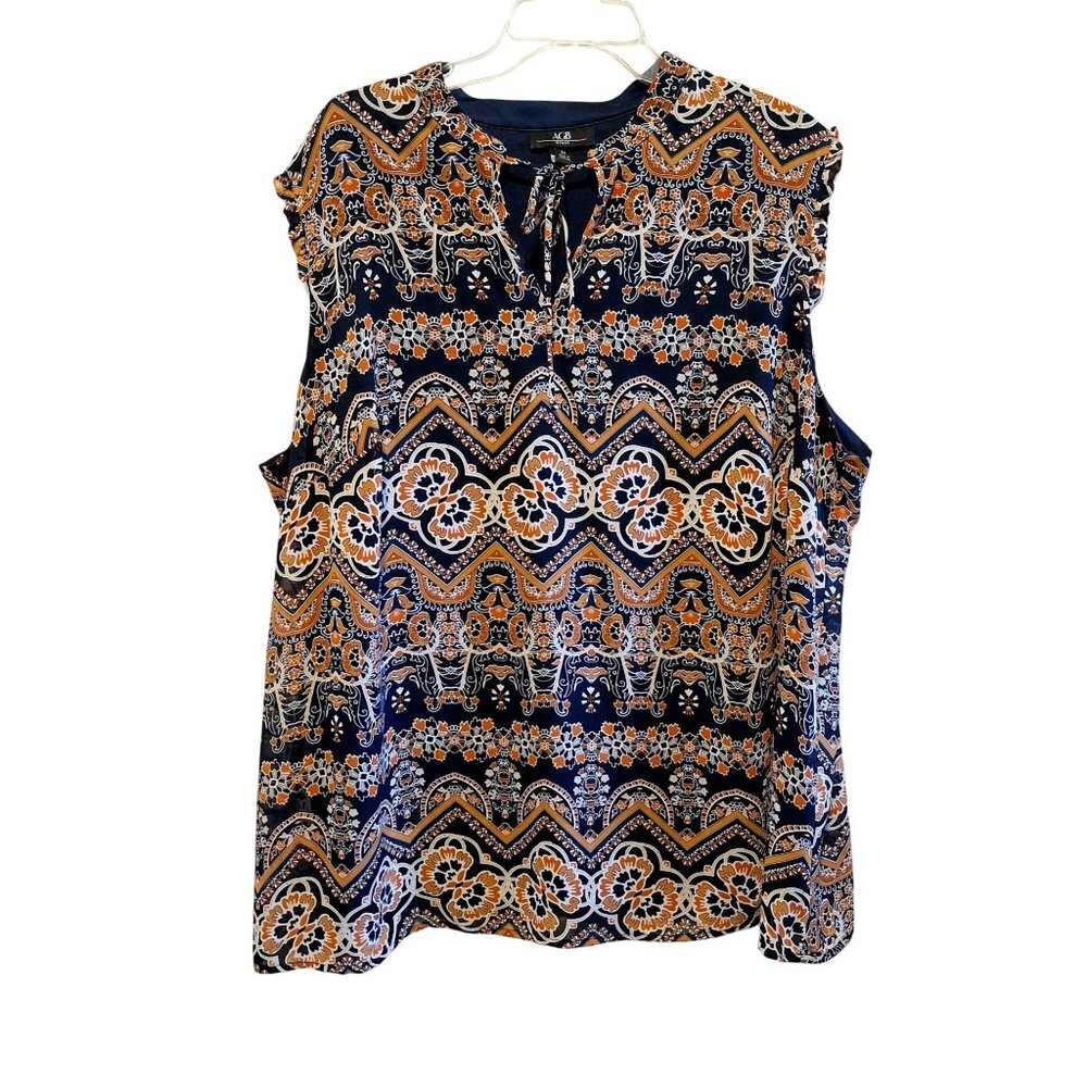 ACB Woman 3X Sleeveless Navy & Orange Paisley Print Top 100% Polyester Made In V
